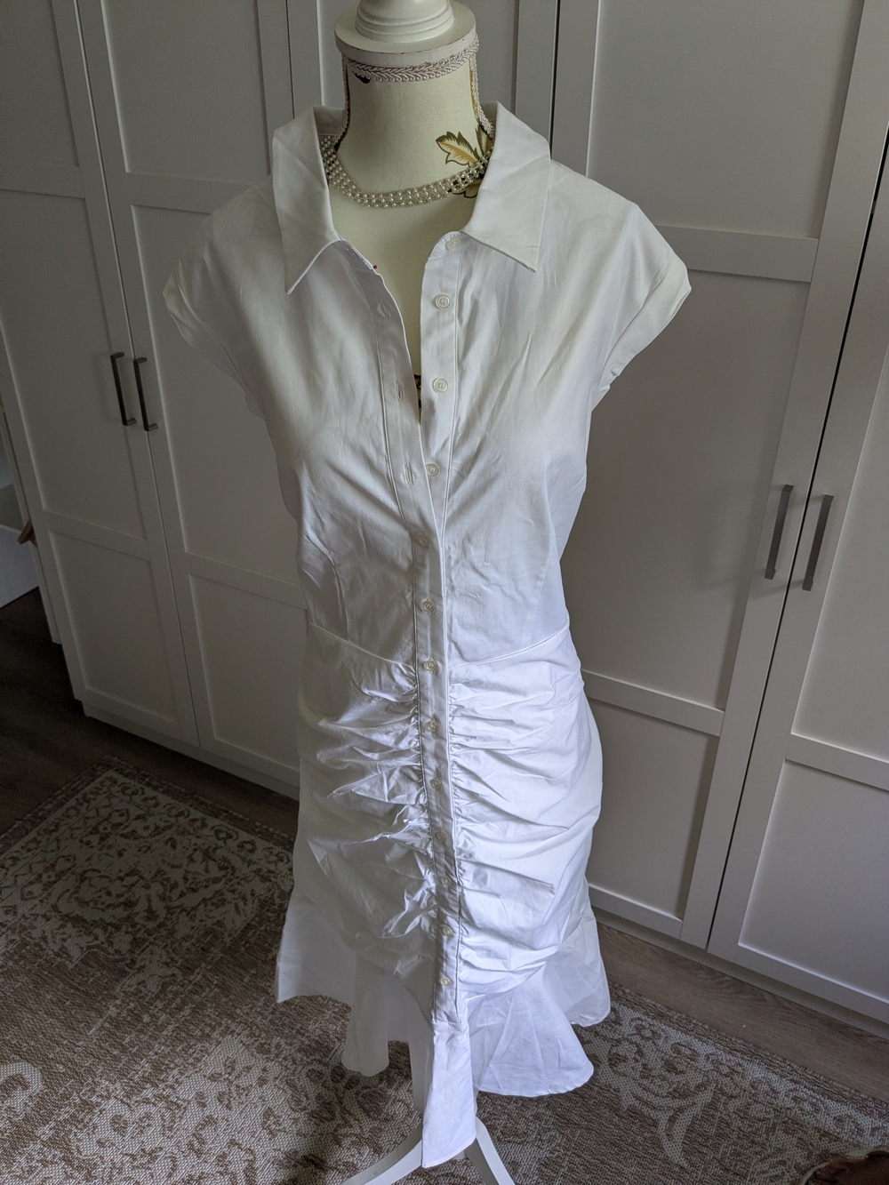 le chateau White Ruched Button-Front Midi Dress